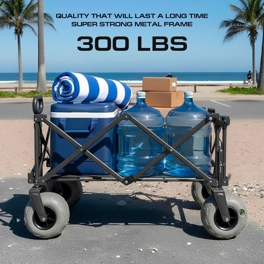 Beach Wagon with Big Wheels for Sand - Heavy Duty Collapsible Folding Utility Wagon Cart 300lb Capacity with 9” All-Terrain Pneumatic Tires & Cup Holders - Portable Garden Camping Outdoor Cart (Black)
