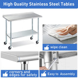 Stainless Steel Table for Prep & Work with Caster & Backsplash 24x72 Inches, NSF Metal Commercial Kitchen Heavy Duty Table with Adjustable Under Shelf and Table Foot for Restaurant, Home and Hotel