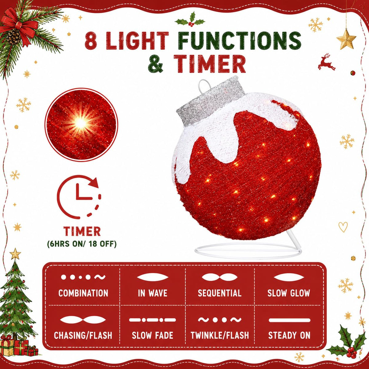 Tngan 2 Pcs Outdoor Christmas Ornaments, Lighted Pop-Up Holiday Ball Decoration with 160 LED Lights, 8 Light Functions, Lighted Collapsible Christmas Outdoor Decorations for Yard, Patio, Home