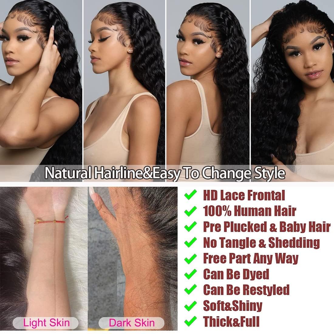 13x6 Deep Wave Lace Front Wigs Human Hair 200 Density HD Transparent Deep Curly Lace Front Wig Human Hair Lace Frontal Wigs for Women Pre Plucked Natural Black (Black, 26 inch)