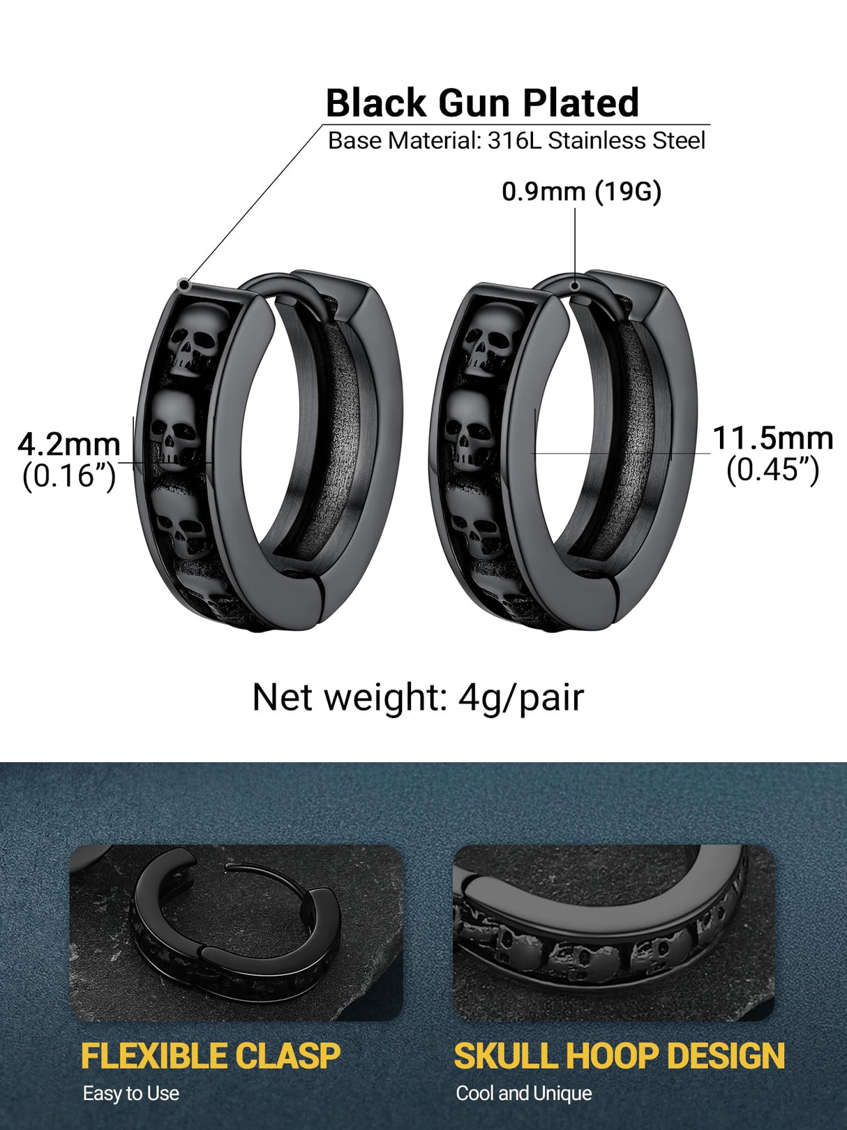 Black Skull Hoop Earrings For Men Gothic Goth Jewelry Stainless Steel Small Hoops Cool Earrings