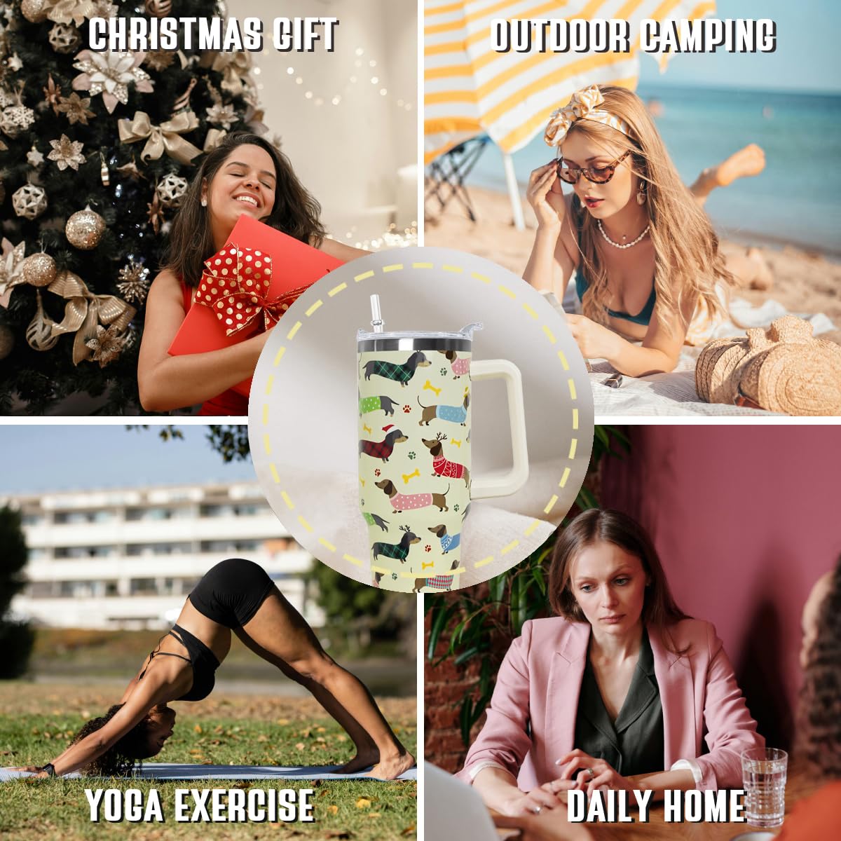 Nqhsionv Dachshund Tumbler with Handle and Straw 40 oz Christmas Cup Weiner Dog Coffee Travel Mug Stainless Steel Insulated Water Bottle Xmas Christmas Decor Gifts for Women