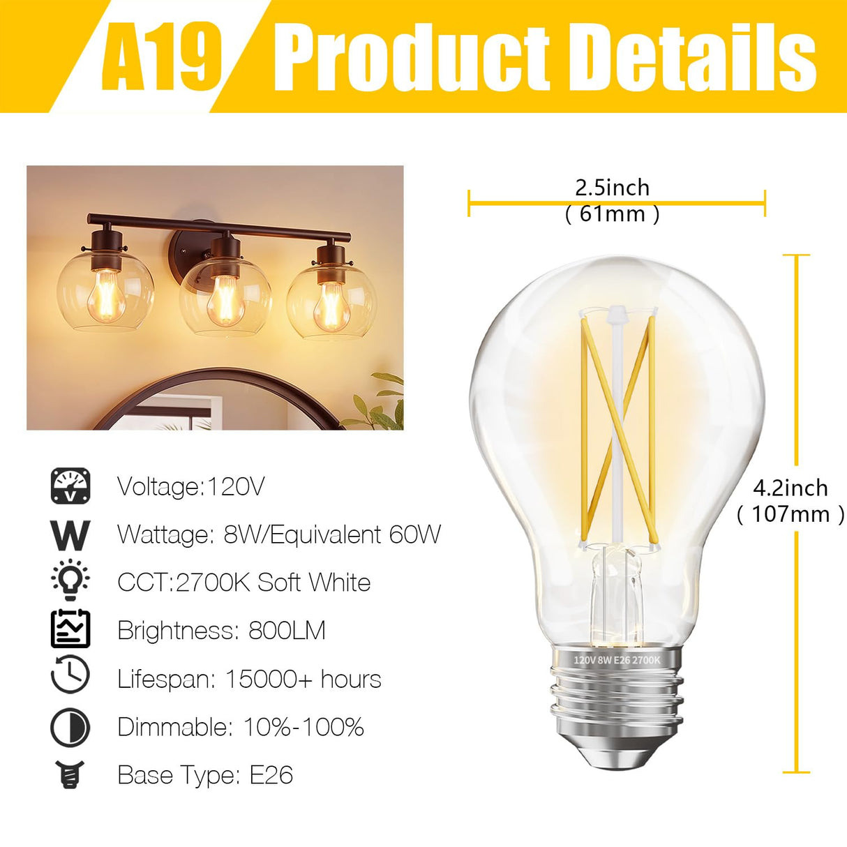 DAYBETTER 12 Pack A19 Vintage LED Edison Bulbs, 60W Equivalent, Dimmable, High Brightness 2700K Warm White, 800 Lumens, 8W E26 Standard Base, CRI80+, Clear Glass Filament Bulb for Living Room