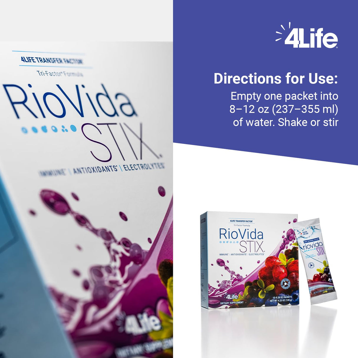 4Life Transfer Factor RioVida Stix Tri-Factor Formula, Supports Immune System with Elderberry, Blueberry, Pomegranate and Acai - 15 Packets