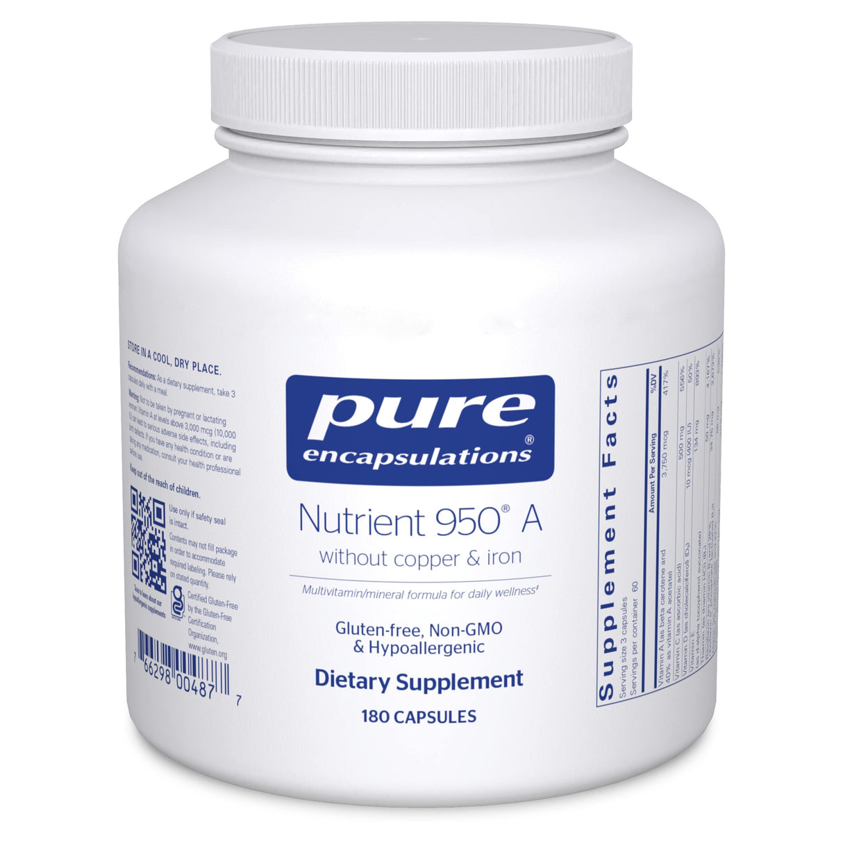 Pure Encapsulations Nutrient 950 A Without Copper & Iron | Hypoallergenic Multi-Vitamin/Mineral Formula for Optimal Health | 180 Capsules
