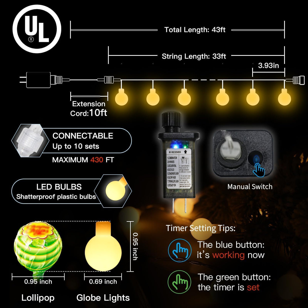 suddus String Lights for Bedroom, 33ft 100 Led Connectable Globe String Lights Indoor, Hanging Fairy Lights Plug in with Remote for Kids Room Dorm Classroom Outdoor Christmas Tree Decor, Warm White