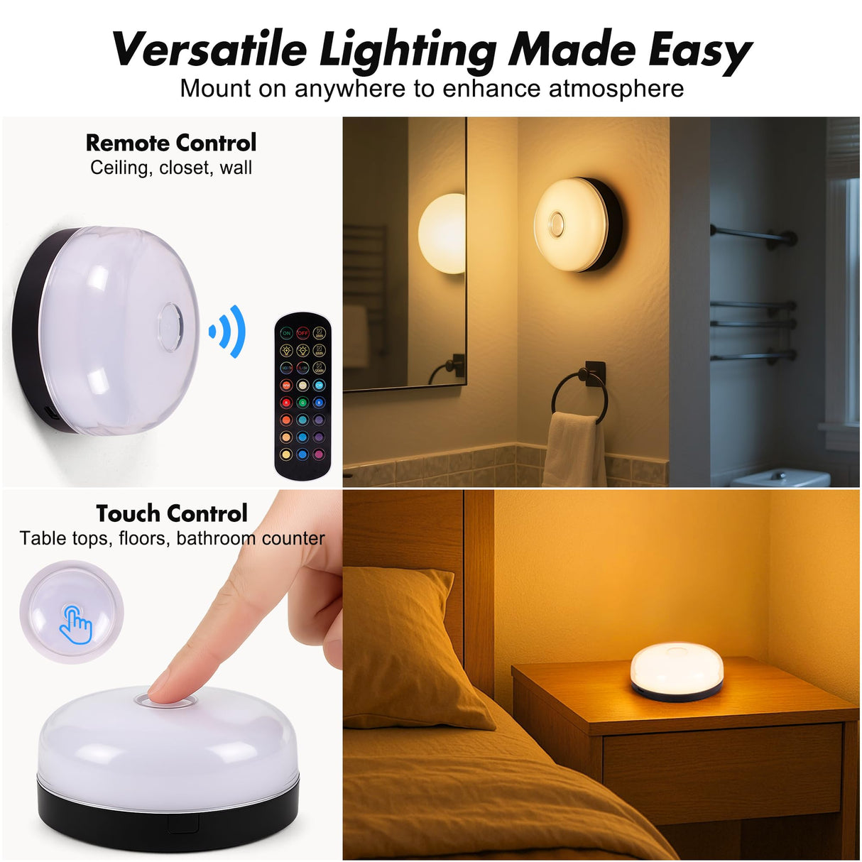 4-Pack Rechargeable Shower Lights for Inside Shower, 15 RGBW Color Changeable Waterproof Lights for Shower with Remote(Dimmable＆Timer), Wireless LED Mood Lighting for Bathroom, Closet, Bedroom, Party