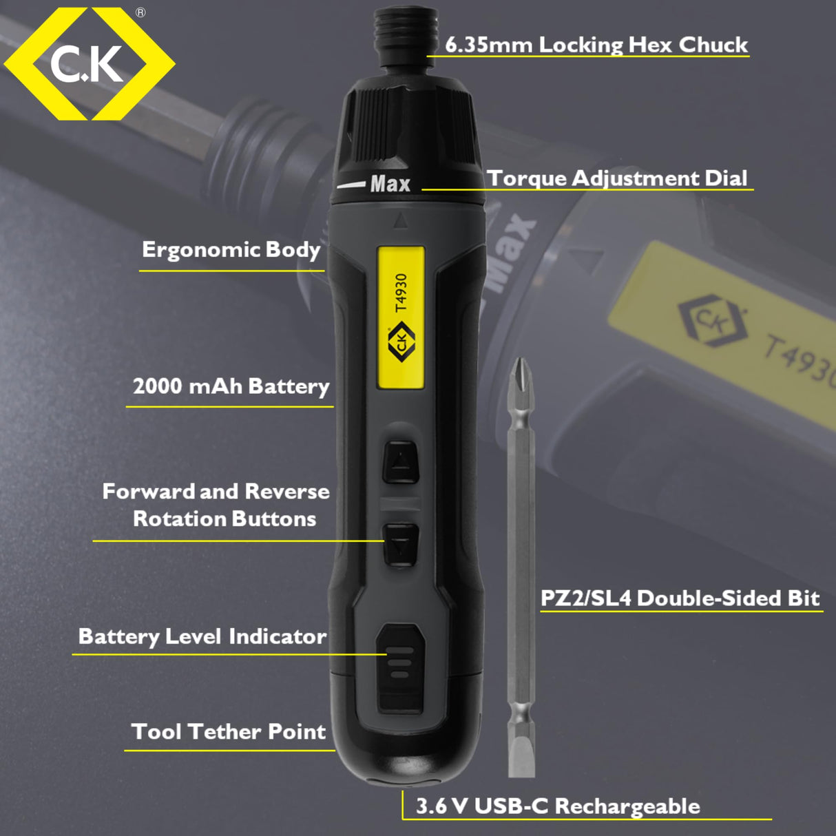 C.K Tools E-Driver, Electric High Torque Screwdriver, 3.6v USB-C Rechargeable Cordless Screw Driver with Double Sided PZ2 SL4 Bit, CK T4930