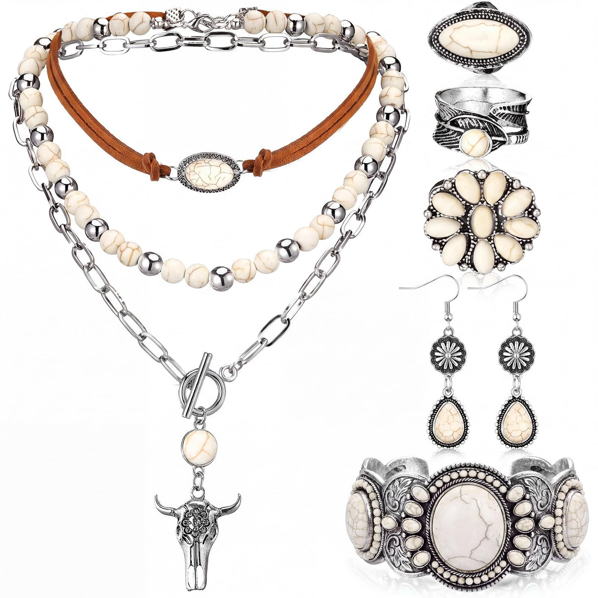 Ecally Western Turquoise Jewelry Set for Women, Fashion, White