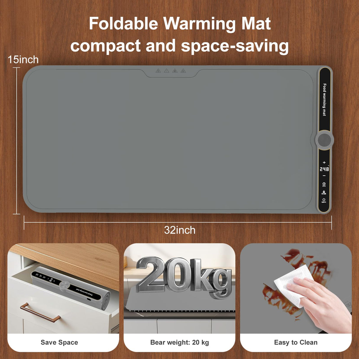 Extra Large Warming Mat for Food XXL:40”X15” Soft Electronic Food Warmers for Parties Buffet Silicone Food Warming Mat 6-Level Timer 9-Level Temp Control 18H Auto-Off 8S Fast Heating Grey