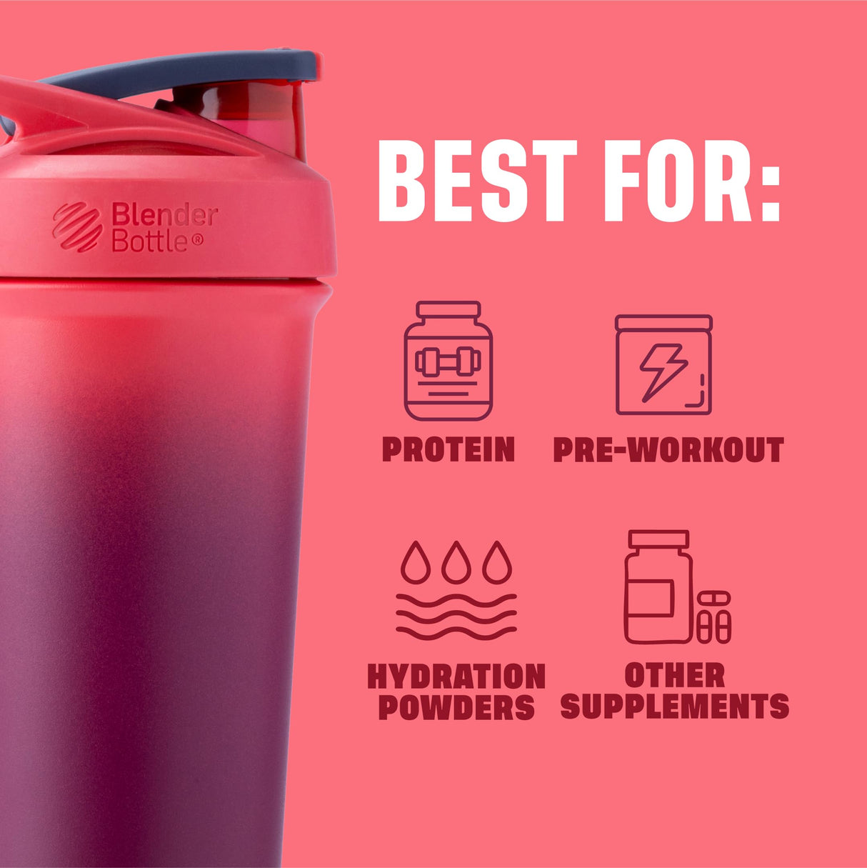 BlenderBottle Sport Sleek Insulated Stainless Steel Shaker Bottle with Wire Whisk, 25-Ounce, Sangria Ombre – Protein Shakes & Hydration for Athletes & Fitness Enthusiasts, Easy Mixing, Slim Easy to Hold, Keeps Drinks Cold, Lockable Lid