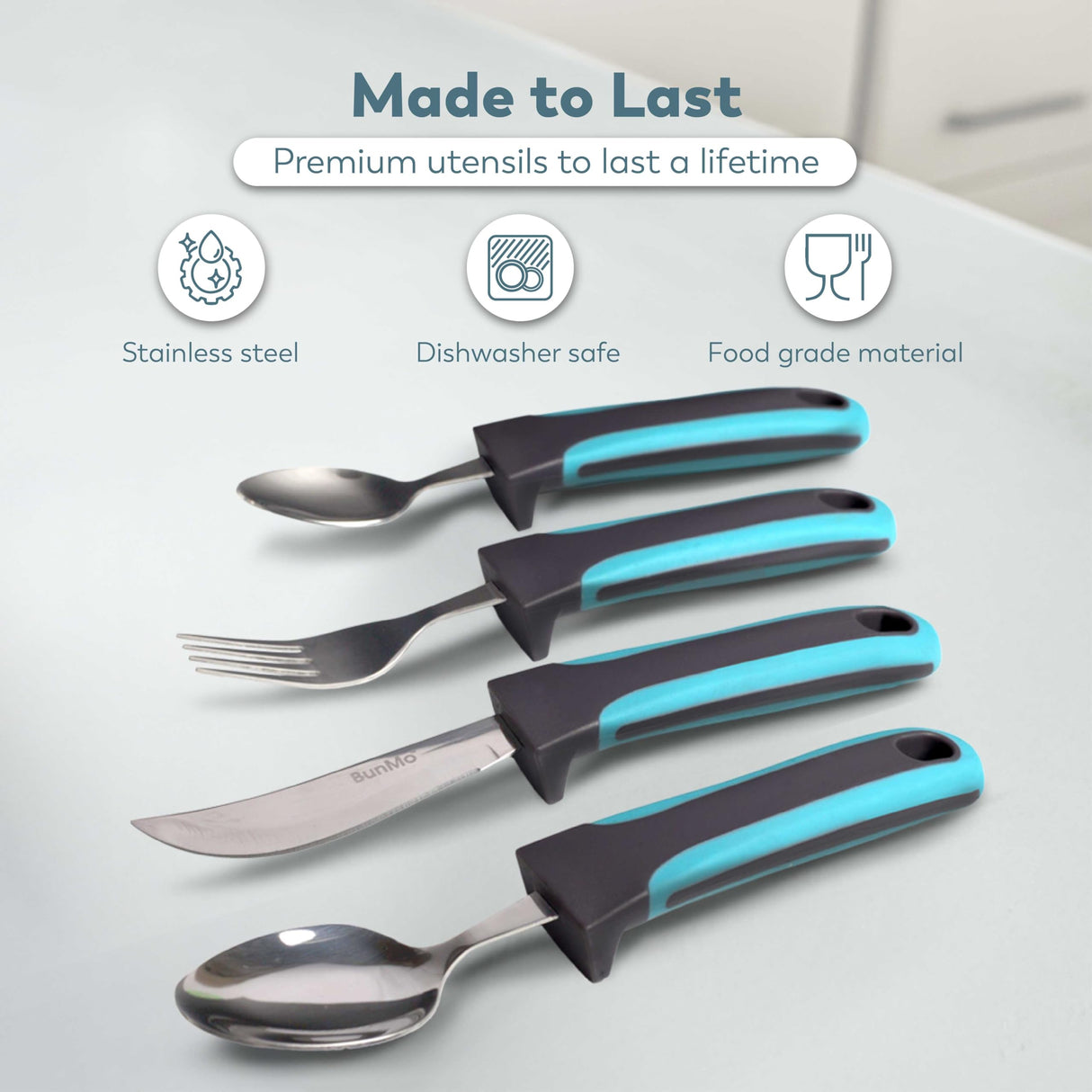 BUNMO Utensils for Elderly, Arthritis, Weak Hand Grip, Tremors & Handicapped - Convenient Travel Pouch - 3.35oz Lightweight - Stainless Steel - Eat Independently - Adaptive Blue 4 Piece Set