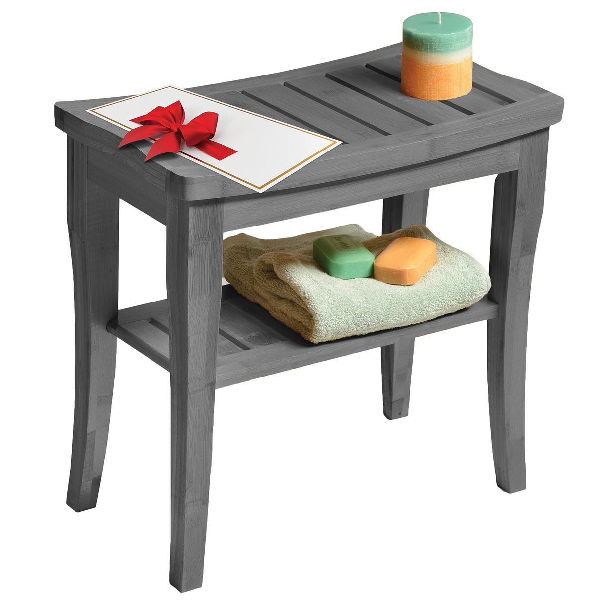 Bamboo Shower Bench - Small Shower Stool with Storage Shelf, Non-Slip Shower Seat, Bathroom Bench, Spa Decor Wooden Shower Bench, Foot Rest Shaving Stool for Shower, Indoor/Outdoor Use, Grey