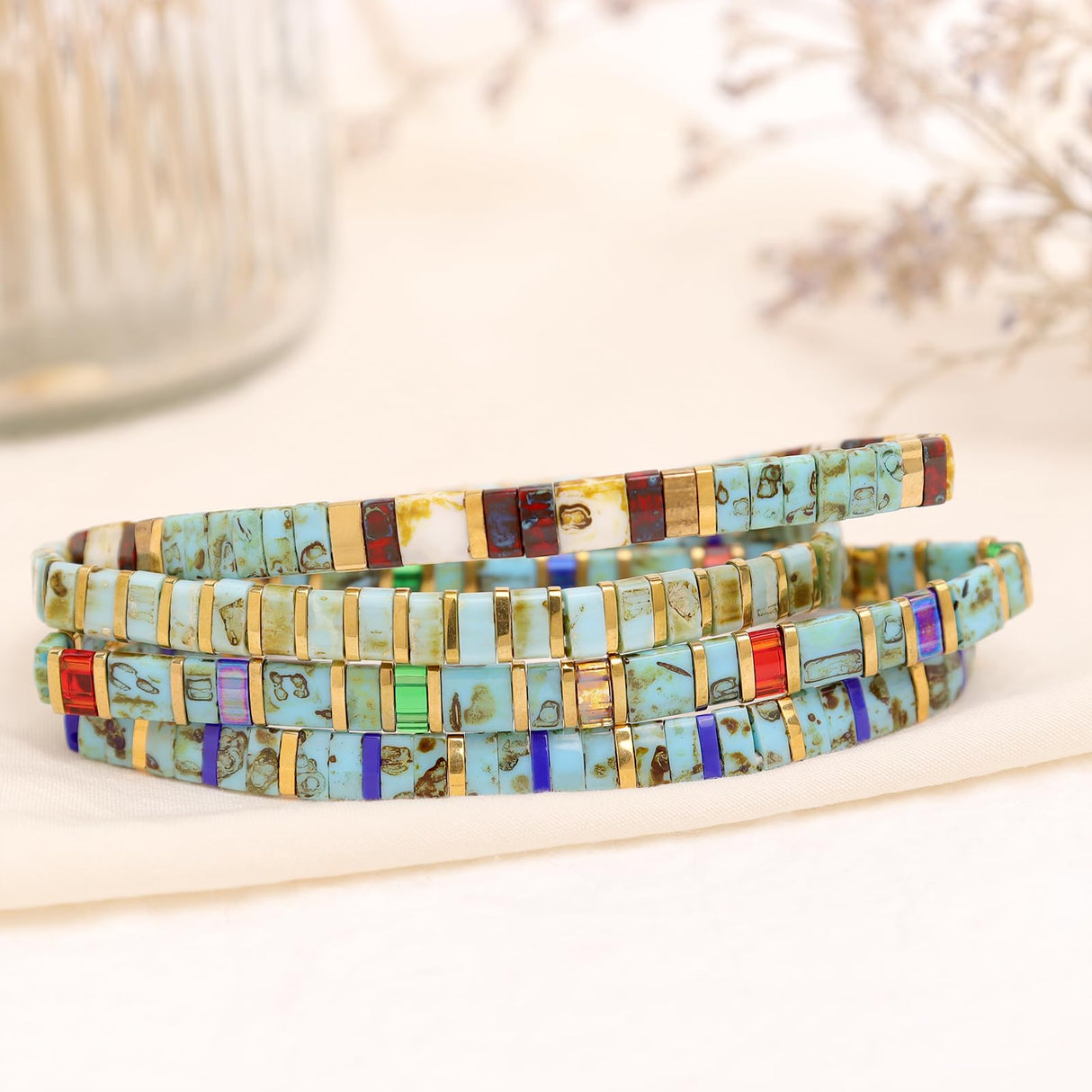 Tyebiva Tila Flat Beaded Bracelets Set for Women, 4Pcs Trendy Handmade Glass Turquoise Colorful Stack Beads Stretch Bracelet Festive Holiday Accessories Jewelry Gift.