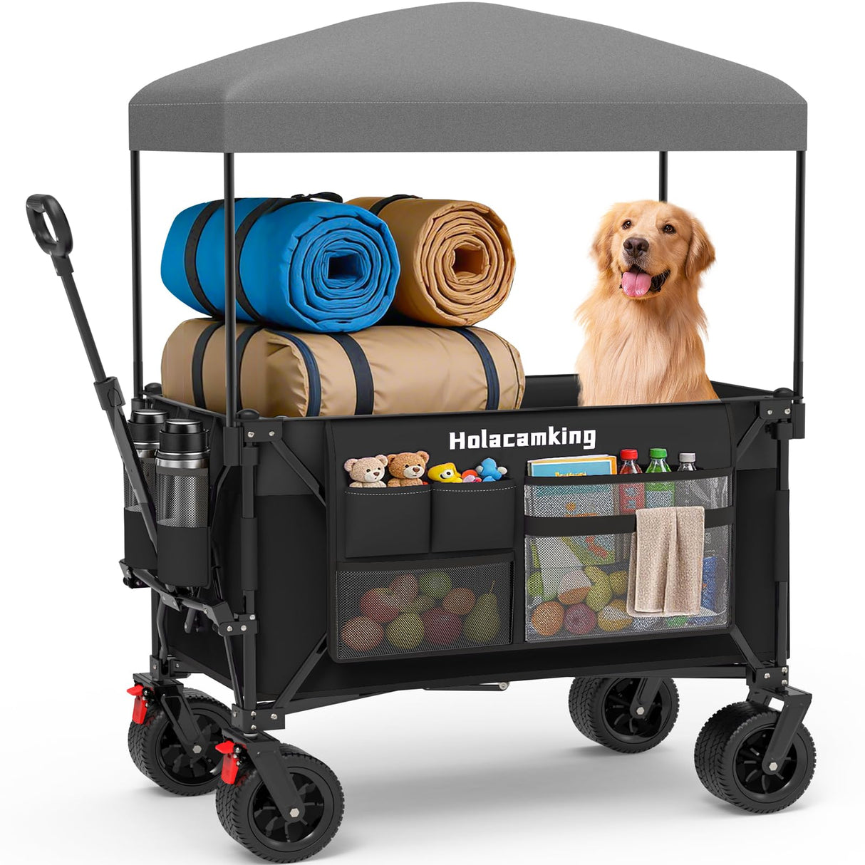 Holacamking Collapsible Canopy Wagon Cart, Heavy Duty Utility Wagon with Removable Sun Cover, All-Terrain Big Wheels, Dual Brakes, Extra Large Grocery Cart for Beach Camping Sports Tailgates, Black