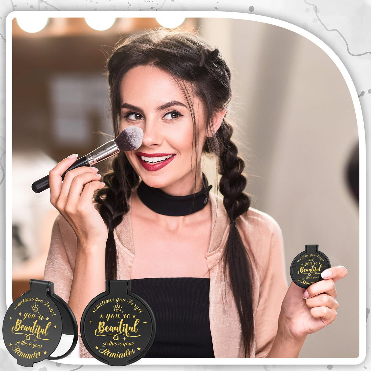 Gulfmew 100 Pcs 2.76 Inch Inspirational Compact Mirror Bulk Party Favors Quinceanera Gift Purse Small Mirror Pocket Mini Gifts for Women Adult Coworker Halloween Christmas Friends (Black)