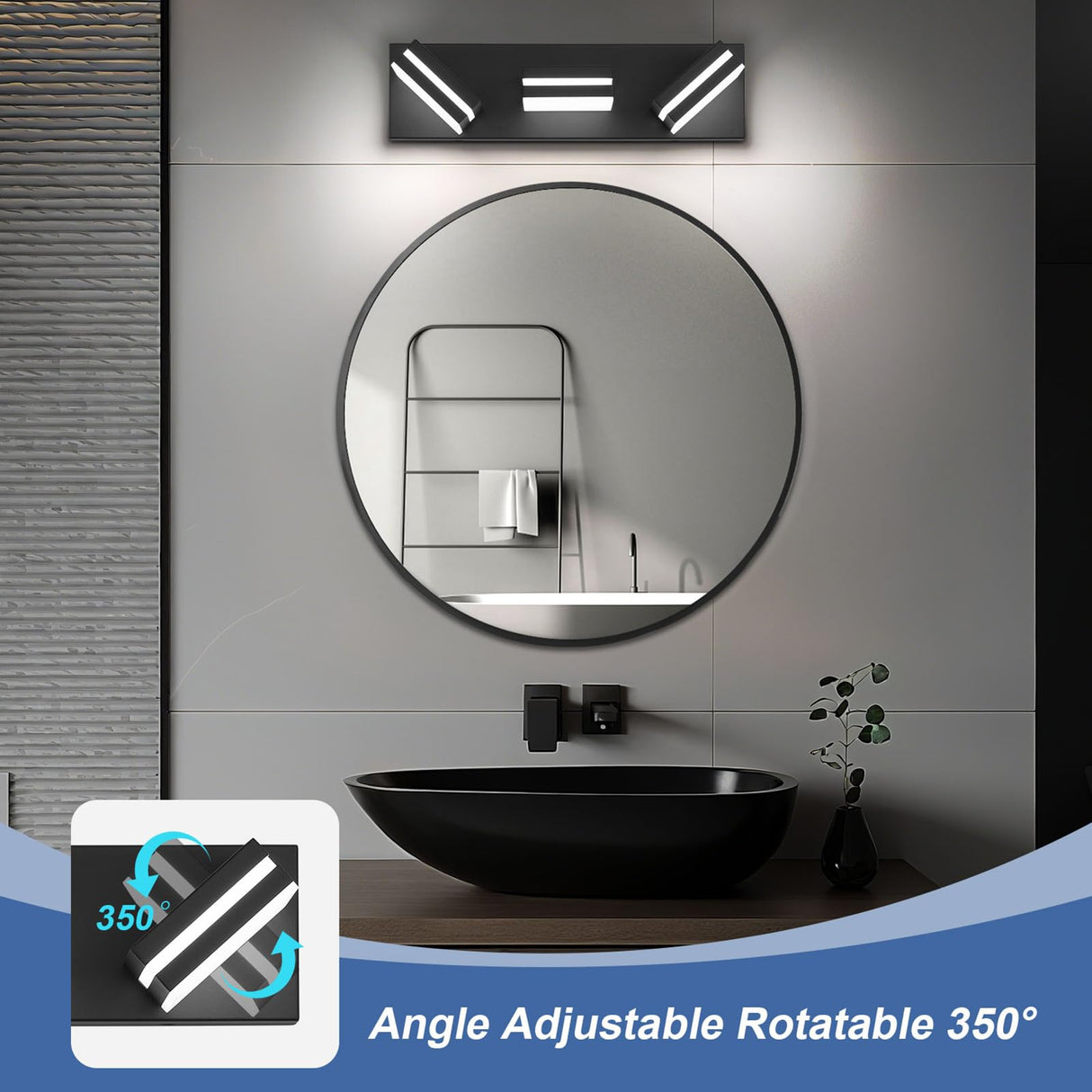 JZEKVN Modern LED Small Bathroom Lights Fixtures 3-Light,Metal Black Acrylic Wall Lighting,Vanity Lights for Bathroom Over Mirror 6000K 16in