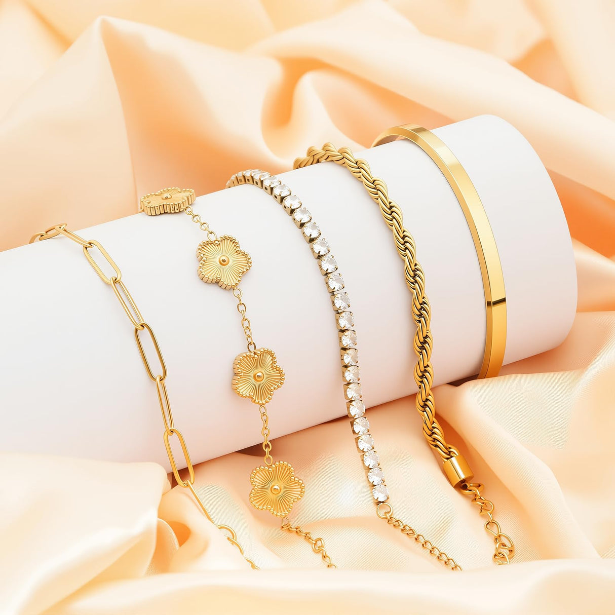 Gold Bracelets Set for Women Non Tarnish Waterproof 18K Gold Plated Lucky Floral Tennis Chunky Cuff Bracelet Tie Cuban Rope Paperclip Bracelet Stackable Trendy Fashion Accessories Stack Jewelry Gifts 5Pcs for Mothers Day Birthday(Gold)