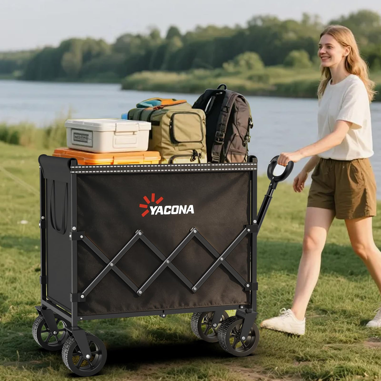 YACONA 360LBS Wagons Carts Foldable, 240L Lightweight Wagon with All Terrain Wheels, Collapsible Wagon Cart for Grocery, Camping, Beach, Garden & Sports