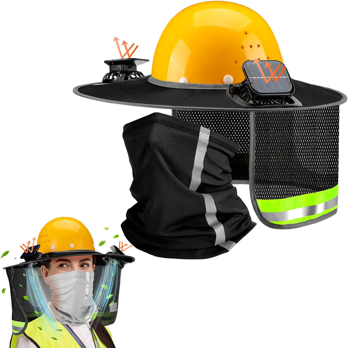 Croknit 2 Pcs Sun Hard Hat Neck Shield Shade Full Brim Hard Hat with Solar Fan Hardhat Sun Shield Visor with High Visibility for Construction Helmet Hardhat Accessories, Reflective(Black)