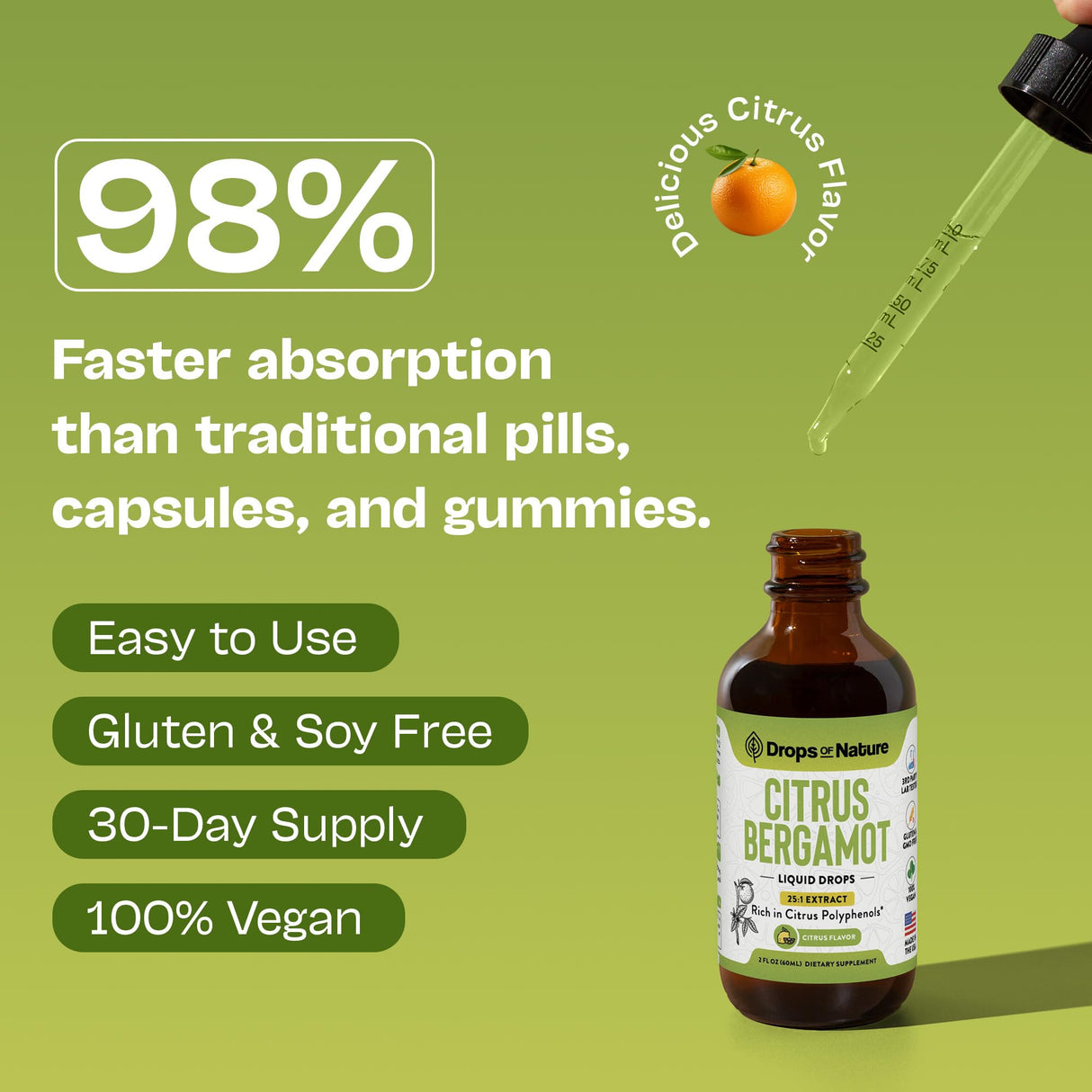 Citrus Bergamot Extract 25:1 Liquid Drops – Vegan, Gluten-Free – Comparable to Resveratrol and Berberine Supplement – 1000mg Bergamot Supplement for Heart Wellness and Metabolic Support (Citrus,60mL)