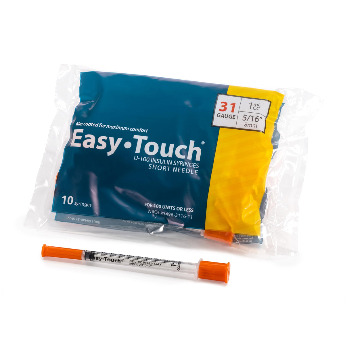 Easy Touch U-100 Insulin Syringes with Needle 31G 1ml 5/16" 100 Count