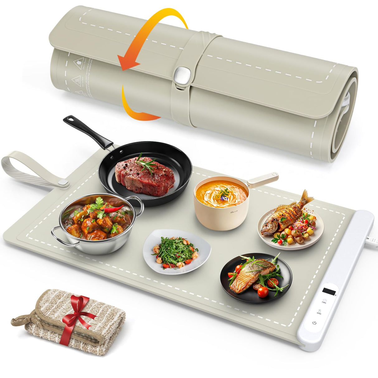 FYY Warming Mat for Food - Rapid and Full Surface Heating, 6 Temp Settings, 6H Timer, Rollable Portable Food Warming Mat, Ideal for Gatherings, Parties, Keep Meal Warm (X Large Size, Khaki)