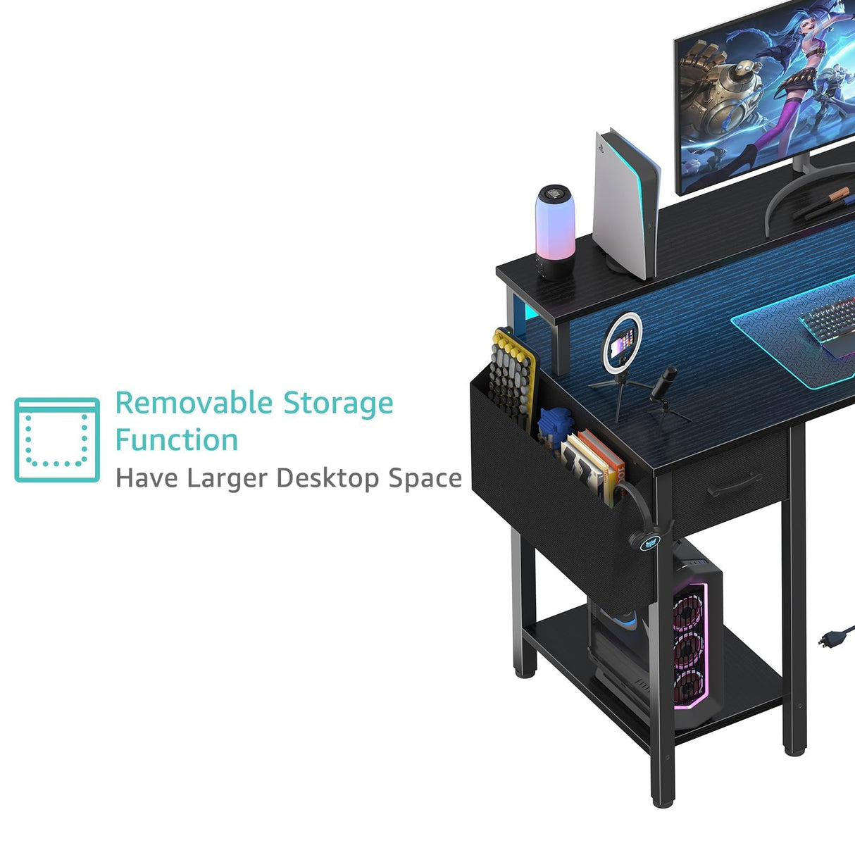 Lufeiya L Shaped Gaming Desk with Fabric Drawers and Storage Shelves, 47 inch Home Office Desk with Monitor Stand, Computer Desk with LED Lights and Power Outlets, Black