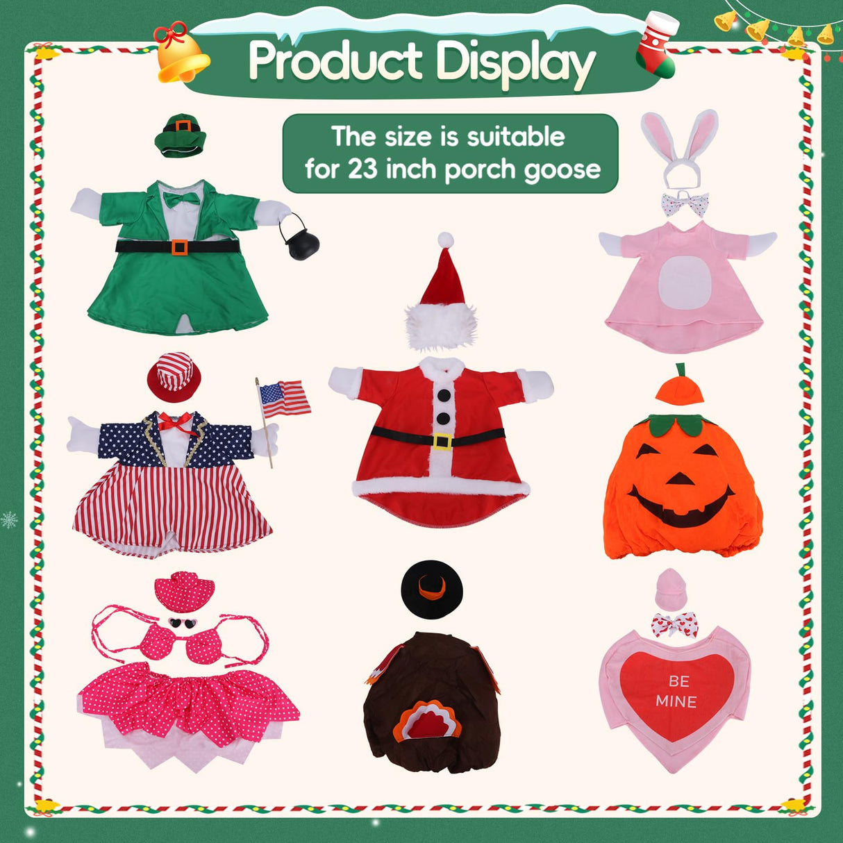 8 Set Porch Goose Outfits, Porch Goose Holiday Outfit, Christmas Fall Halloween Summer 4th of July Easter St. Patrick Valentine's Day Lawn Porch Goose Clothing for 23" Lawn Goose Patio Yard Decor