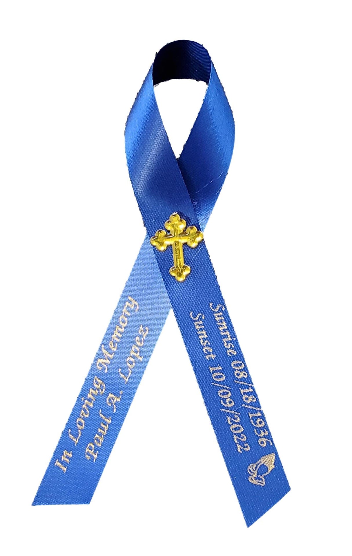 Personalized Memorial Service Funeral Ribbon Pins 20 Cross Religious Celebration of Life Custom Made Awareness Remembrance Anniversary Death Cross Sympathy In Loving Memory Angel (Royal Blue)