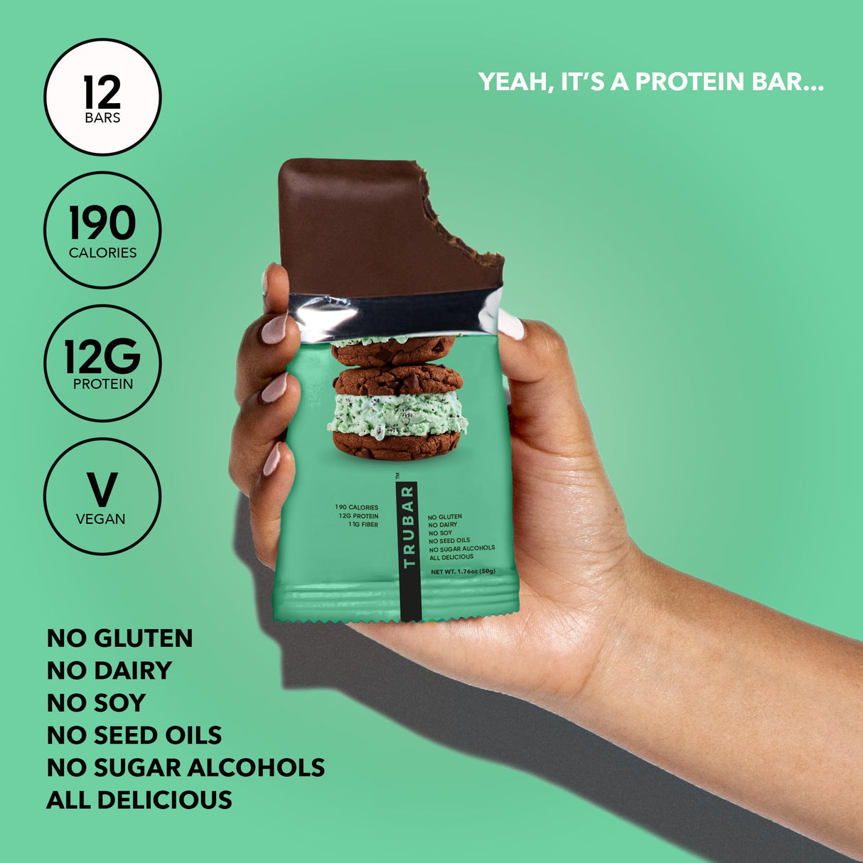 TRUBAR Vegan Protein Bar, It’s Mint to Be Chip, Gluten Free, Plant Based High Fiber, Dairy Free, Non GMO, Low Fat, No Sugar Alcohols, 12G Lean Protein, 13G Fiber, Healthy Snack Bars, 12 CT