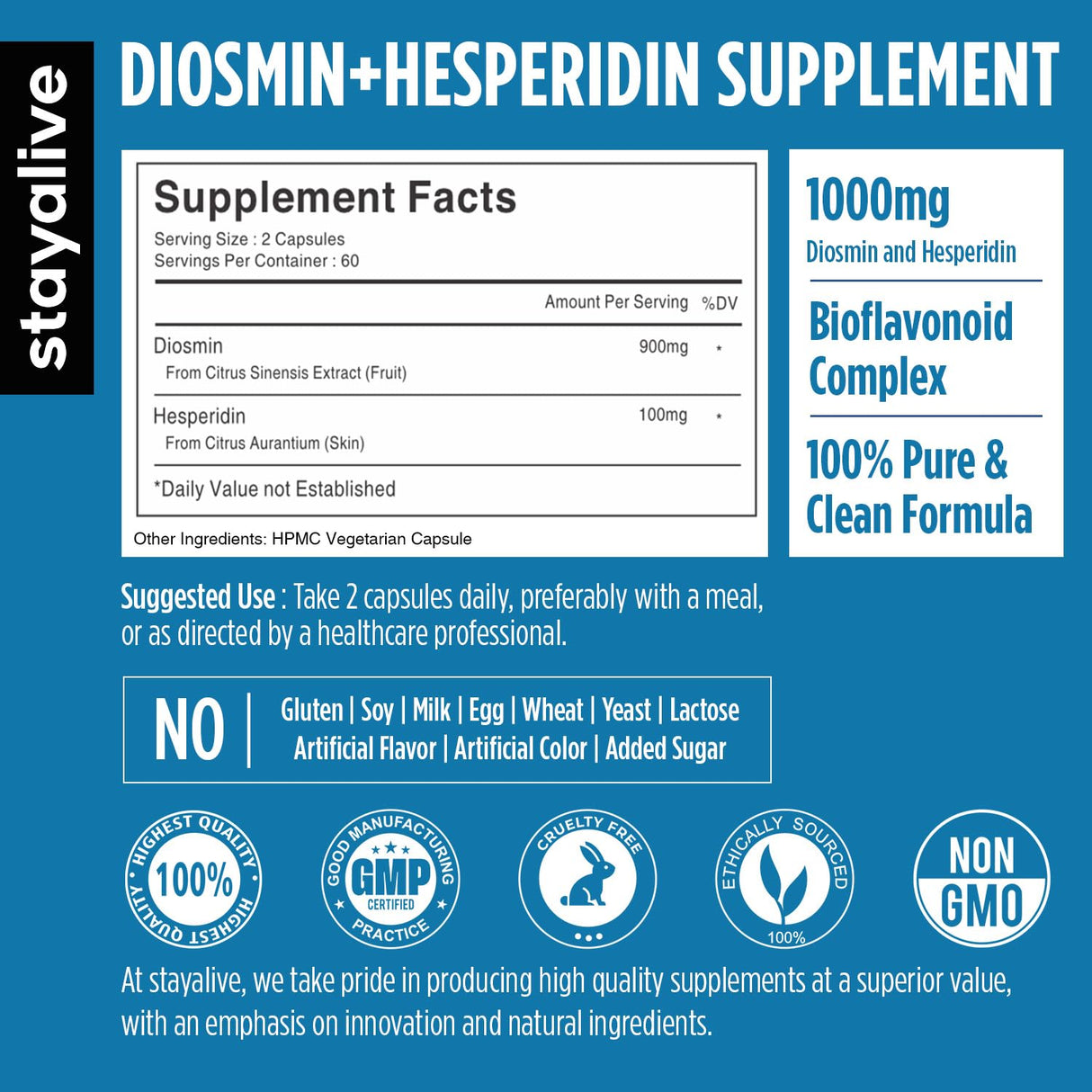 STAY ALIVE Diosmin Hesperidin 1000mg Complex, 120 Count, Citrus Bioflavonoids Rich Fruit Extract, 2 Month Supply, 100% Vegetarian, Non-GMO & Gluten Free Hesperidin and Diosmin Supplement Capsules