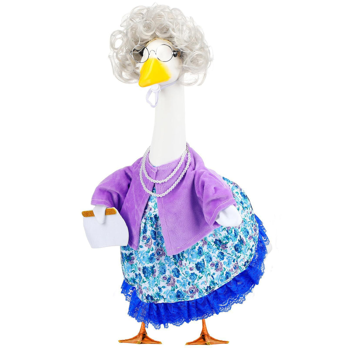 Karwuiio 5Pcs Old Lady Porch Goose Outfits Glasses Curly Wig Floral Print Dress Cardign and Pearl Necklace Set Garden Decor (Blue Floral, M)