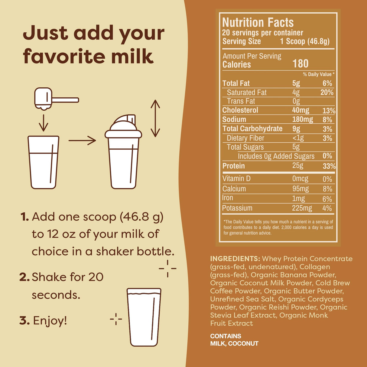 FlavCity Grass Fed Whey Protein Powder - Butter Coffee - 25g Protein, 10g Collagen & 87mg Caffeine - Made with Organic Reishi & Cordyceps - Gluten Free & No Added Sugars (20 Servings)