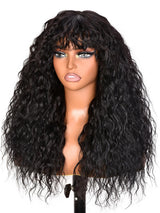Black Curly Wigs With Bangs for Black Women Human Hair Fix Premium Fiber Long Black Wig for Daily
