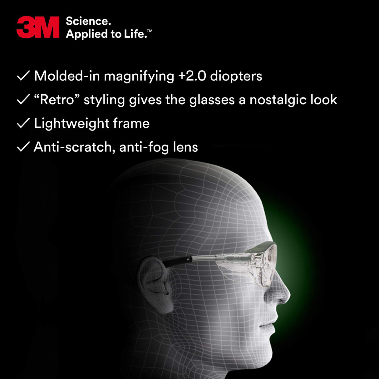 3M Safety Glasses with Readers, Nuvo Readers, +2.0 Diopter, Pack of 1, ANSI Z87, Clear Lens, Gray Frame, Soft Nose Bridge, Side Shields