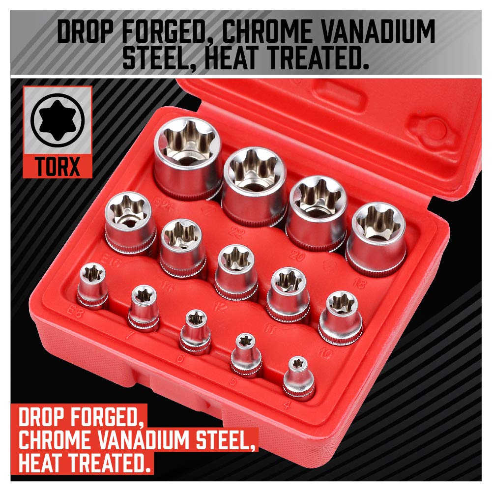 SEDY 14-Piece E-TORX Socket Set - Premium Female Torx Socket Set, Ultimate Torque Star Sockets, External Torx Sockets, E4 E5 E6 E7 E8 E10 E11 E12 E14 E16 E18 E20 E22 E24