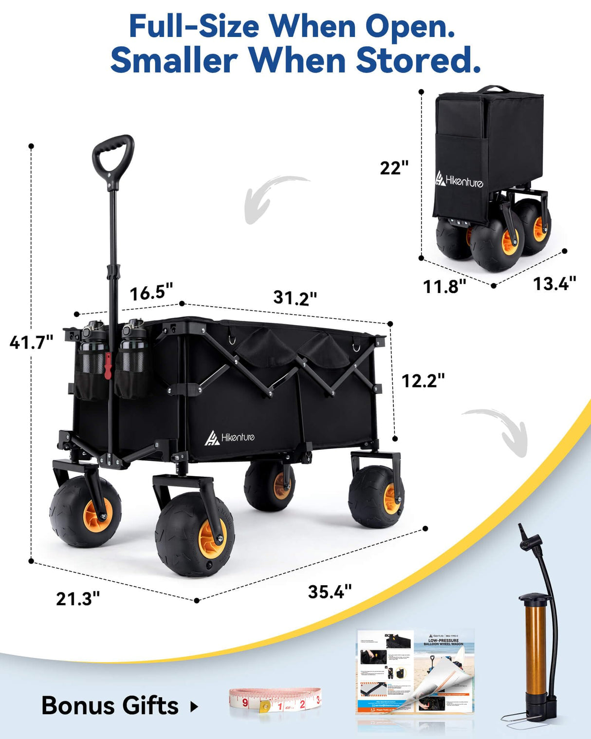 Hikenture Beach Wagon with Balloon Wheels, 7.5“ Big Wheel Collapsible Wagon