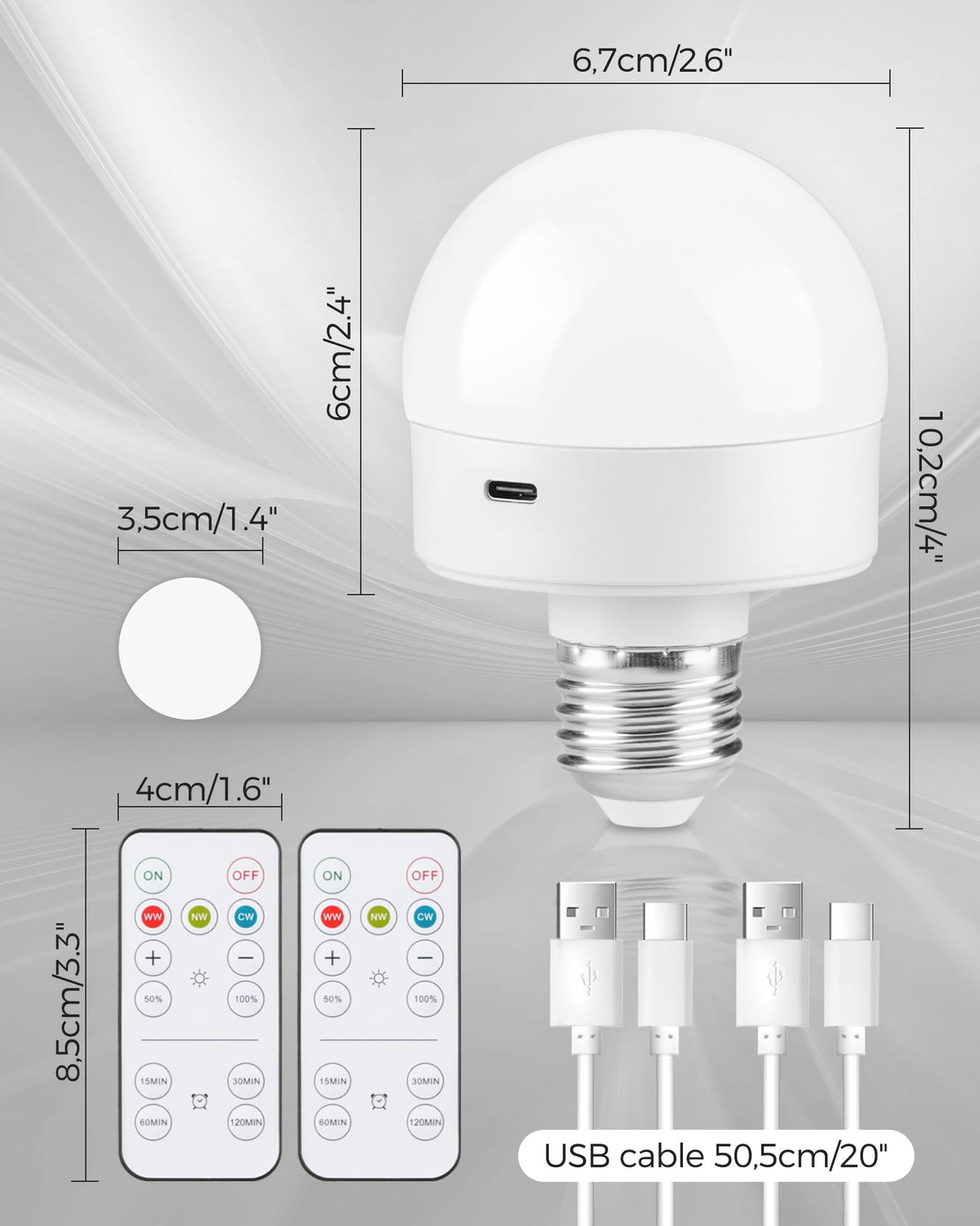 GOEBLESON Rechargeable Light Bulbs with Remote Control 2 Packs, Battery Operated Light Bulbs with Timer & 3 Color Temperature, Detachable Wireless LED Bulb for Lamp, E26 Base, Non-Hardwired, W01YBP206