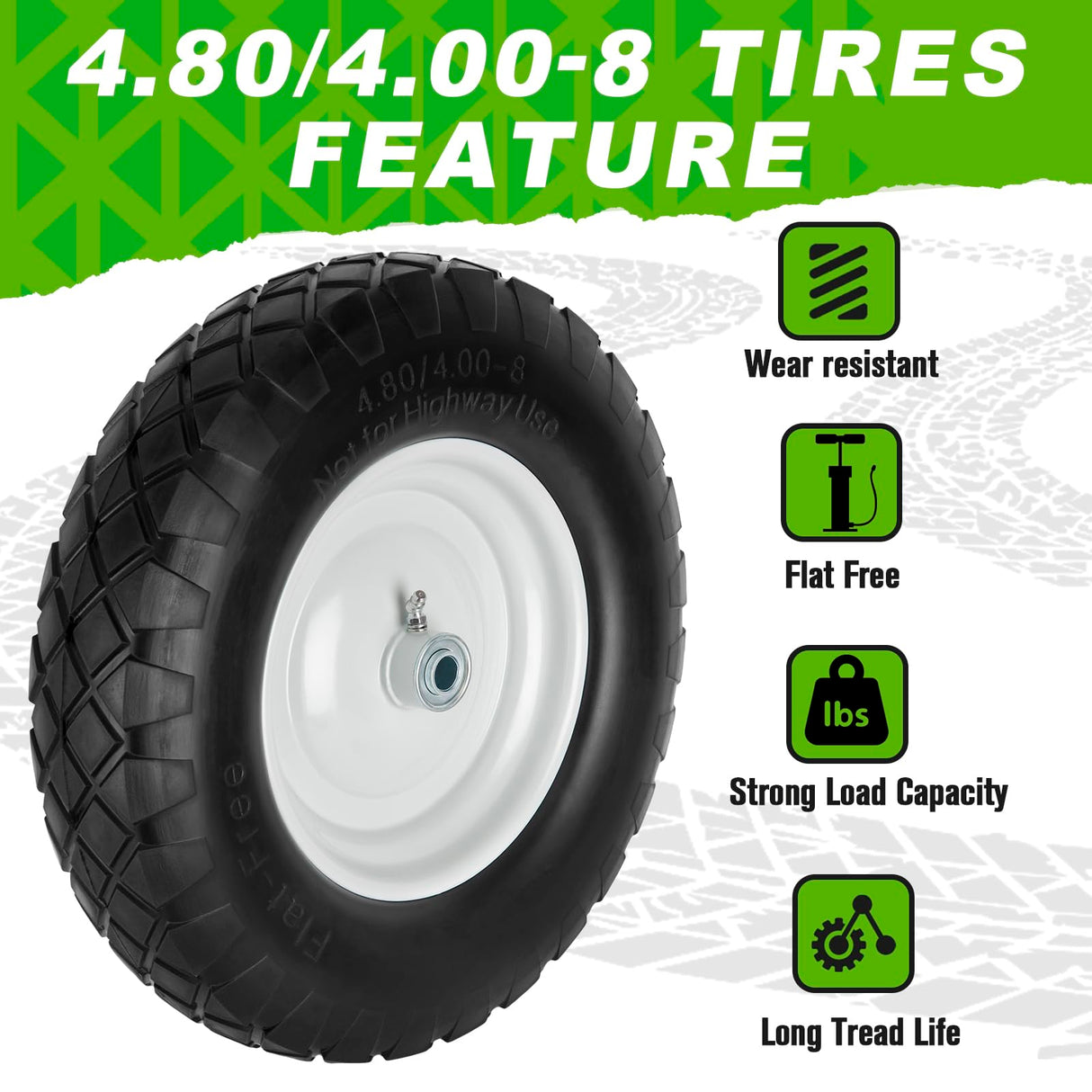 4.80/4.00-8 Tire and Wheel, 16" Flat Free Solid Wheelbarrow Tire with 5/8"&3/4" Bearings 3" Hub, 14"-16" Universal Fit Wheelbarrow Tires for Hand Truck/Garden Trailer/Trolley/Wagons