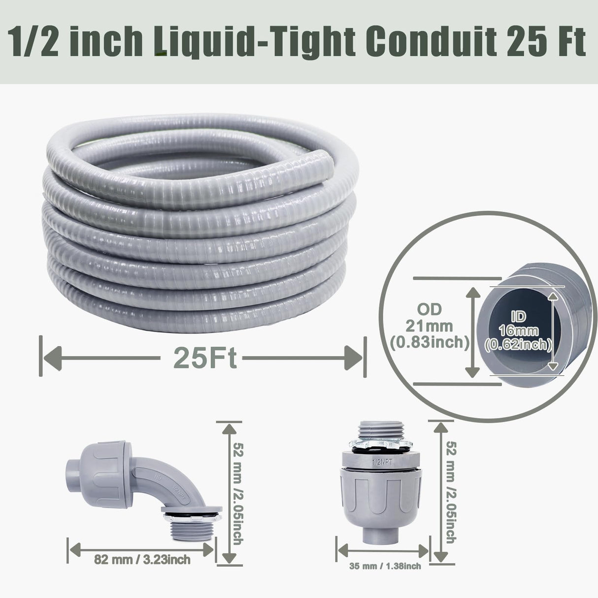 Feotech Liquid-Tight Conduit and Connector Kit - 1/2 Inch 25 FT Non Metallic Liquid Tight Electrical Conduit with 5 Straight and 5 Angle Fittings