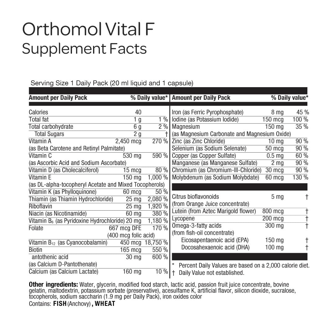 Orthomol Vital F Vial for Women, 30-Day Vitamin Supplement – Daily Energy, Fatigue Reduction & Vitality Support with Vitamins A, B, C, D, E, K, Omega-3 & Iodine