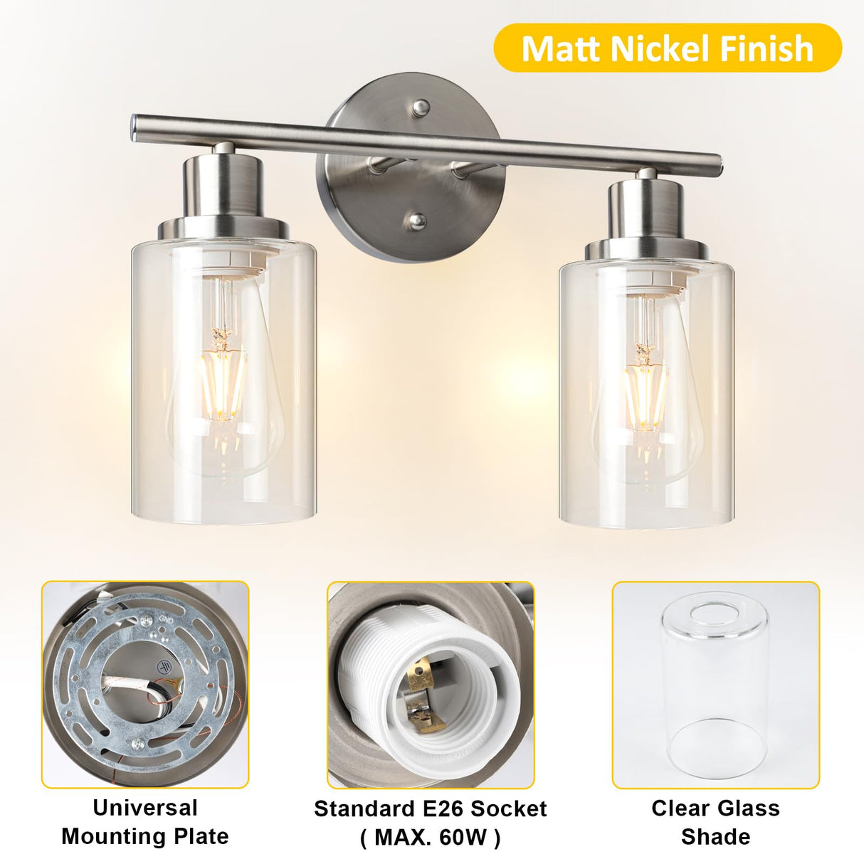 Unicozin 3 Light Bathroom Light Fixtures, Modern Vanity Lights with Milky Glass Shade, Brushed Nickel Wall Lamp Over Mirror for Bathroom, Living Room, Cabinet, Bedroom, E26 Base