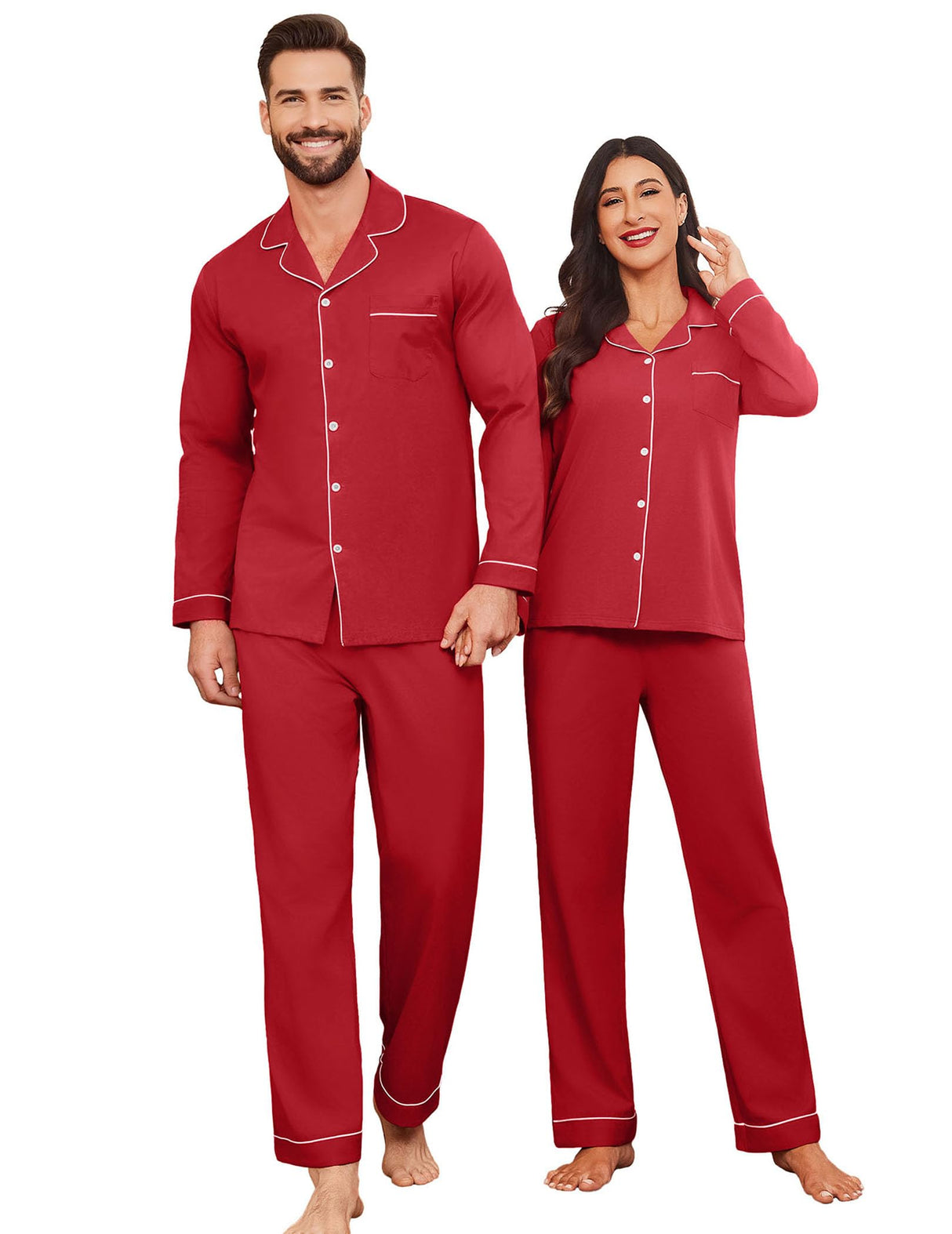 Ekouaer Men's Pajama Set Winter Long Pjs Couples Adults Christmas Sleepwear Lightweight 100% Cotton Lounge Set,Red,XL
