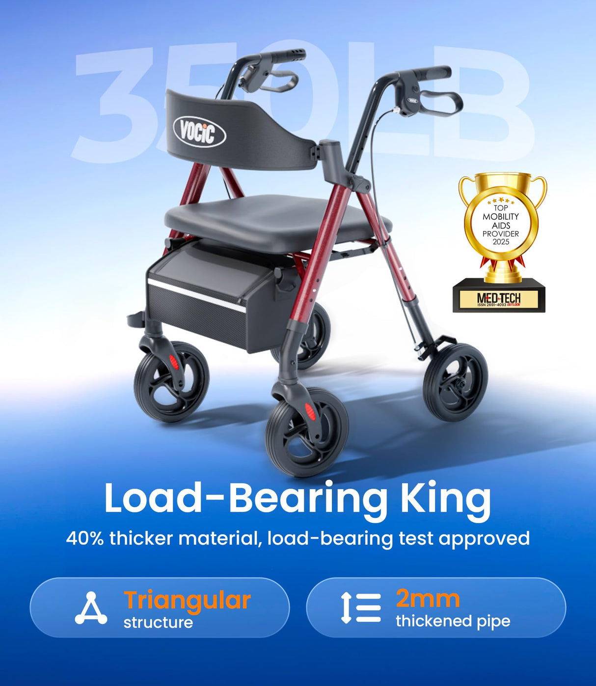 VOCIC Walkers for Seniors, Z21 Rollator Walker with Seat Supports 350lb, 8" Big Wheels for All Terrain, Ergonomic Arc Seat & 6" Ultra Backrest Foldable Walker, Dual Height Adjustment, Lightweight 2025