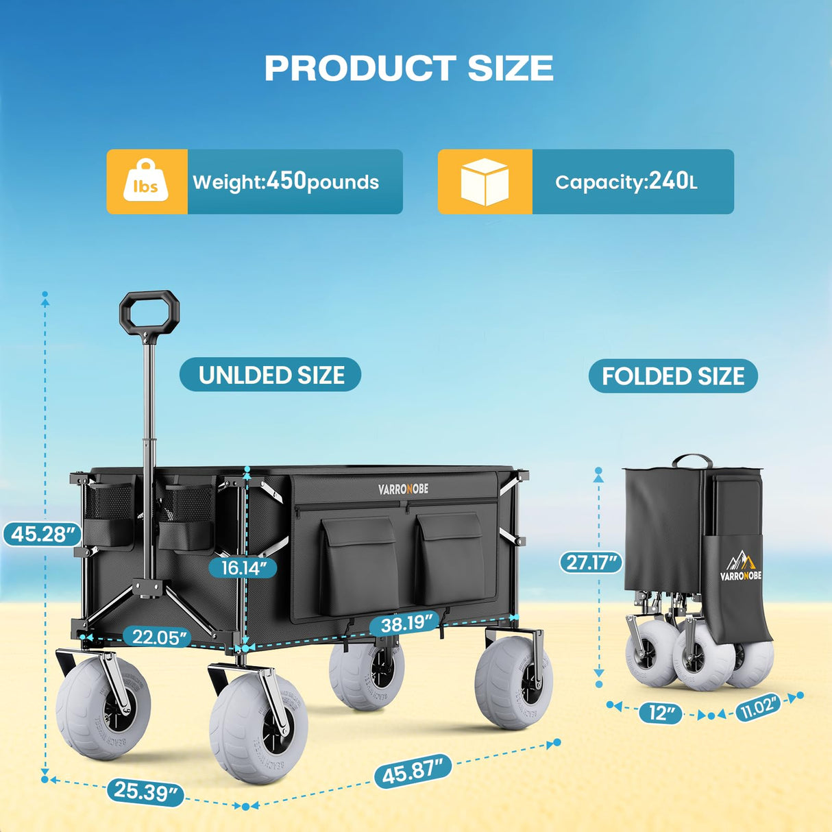 VARRONOBE Beach Wagon with Big Balloon Wheels for Sand, 240L Collapsible Wagon, 9x4 Wide Wheels, 450lbs Heavy Duty Beach Cart with Side Covers & Zipper Pockets, 600D Oxford Fabric, Black