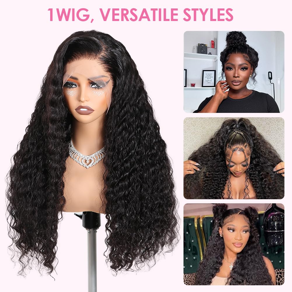 Ebarly Hidden Strap 360 Glueless Lace Front Wigs Human Hair Pre Plucked Bleached Knots 180 Density Water Wave HD Lace Frontal Wig with Drawstring Curly Full LaceFront Wigs for Women(22 inch)