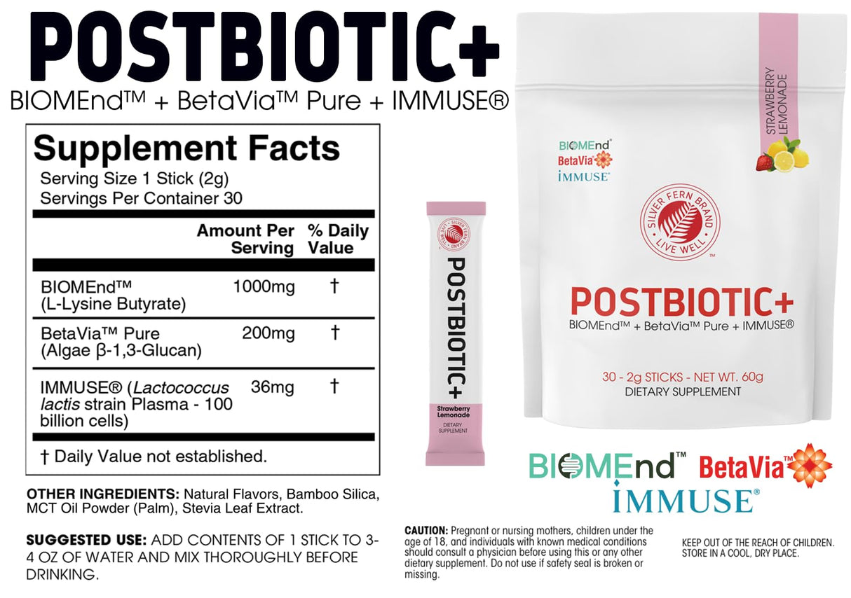 Silver Fern Brand Postbiotic+ Strawberry Lemonade Powder – Postbiotic Supplement with BIOMend™, BetaVia™, and Immuse® – Supports The Digestive System & Overall Wellness – 30 Stick Packs
