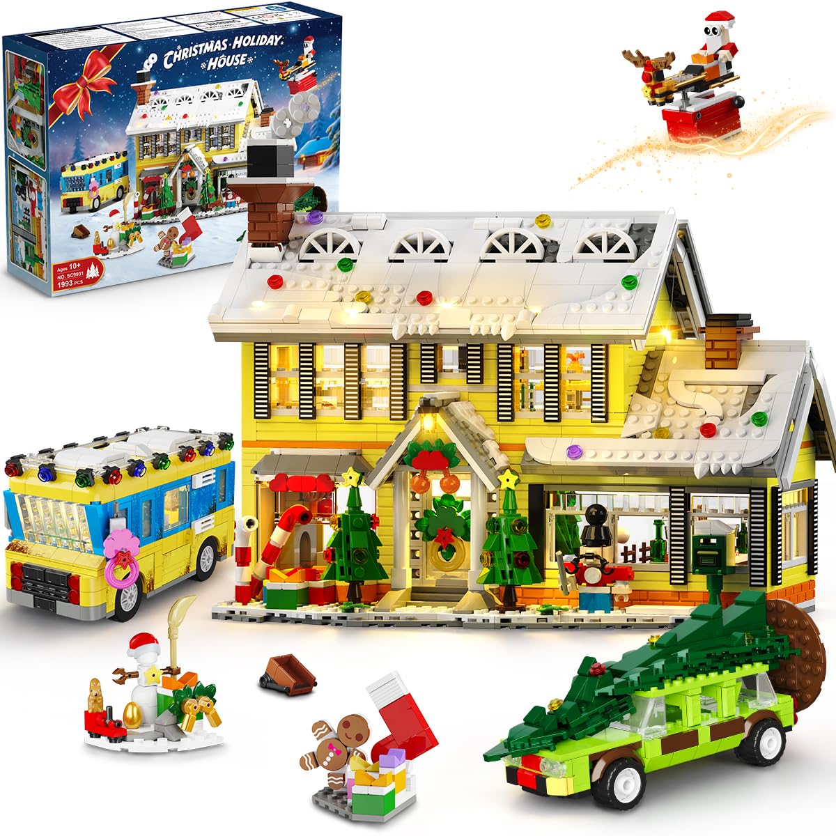 CUBIMANA 2025 Christmas Gingerbread House Village Building Set with Light - 1993PCS Holiday Snow Village Mini Building Blocks Toy with Bus & Pickup Truck Xmas Gifts for Adults Kids Boys Girls Age 12+