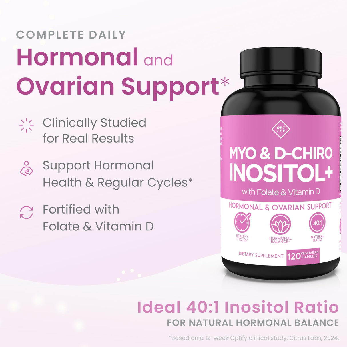 Optify Myo-Inositol & D-Chiro Inositol Supplement for Women – 40:1 Ratio Plus Folate and Vitamin D – Support Healthy Hormonal Balance, Regular Cycles, & Ovarian Health – 30-Day Supply